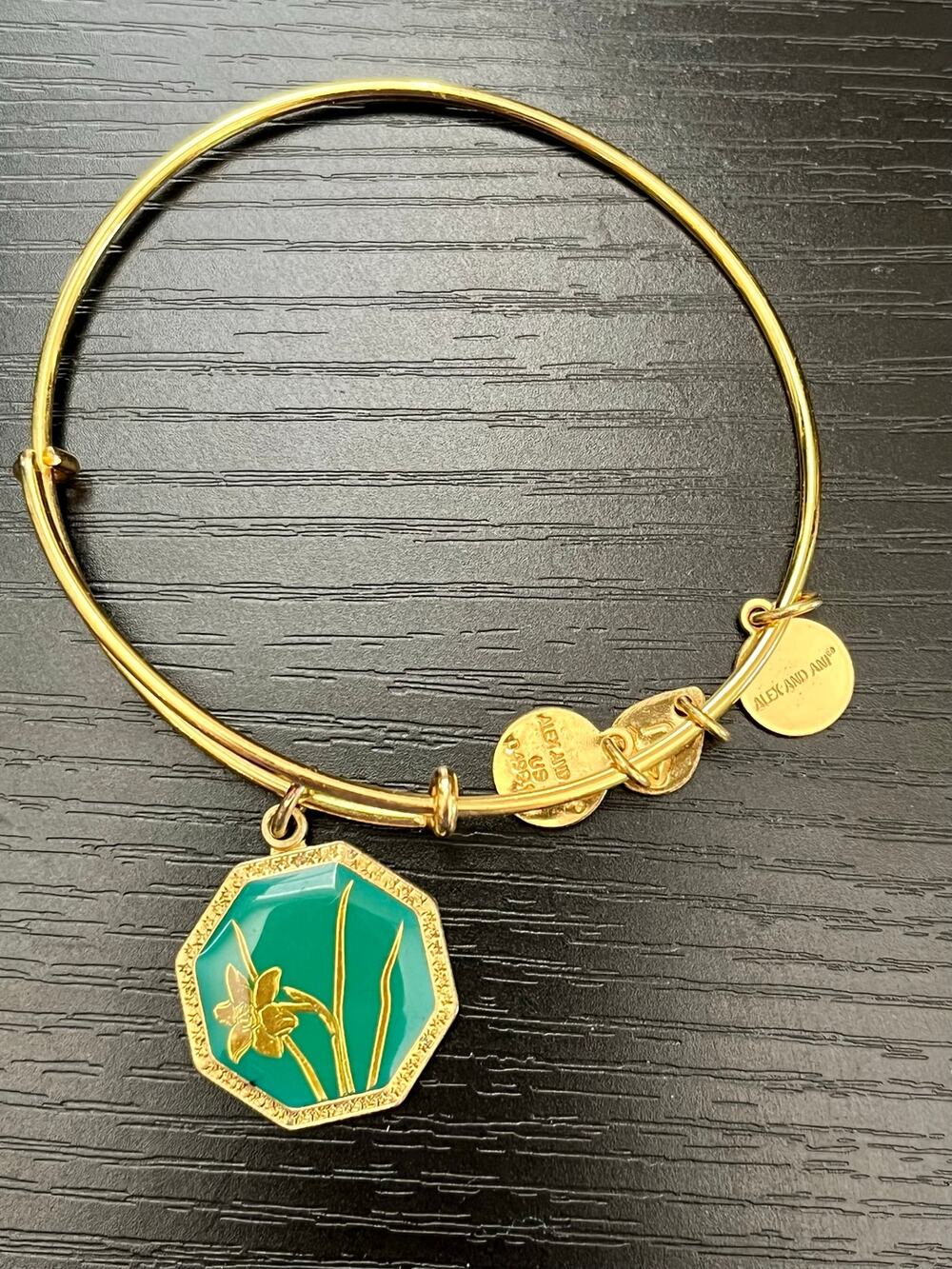 Alex and Ani Green Enamel Gold Tone Narcissus Bangle Bracelet